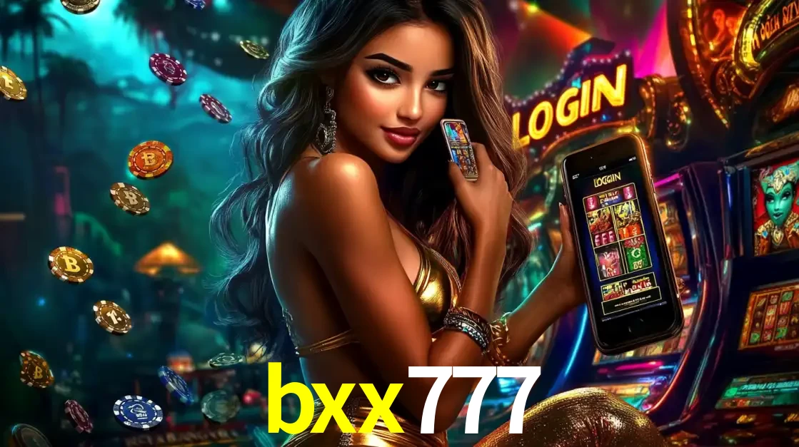 Mulher em um cenário de cassino temático de aventura, mostrando o app de caça-níqueis da bxx777 no celular. Fichas de apostas flutuam ao redor.