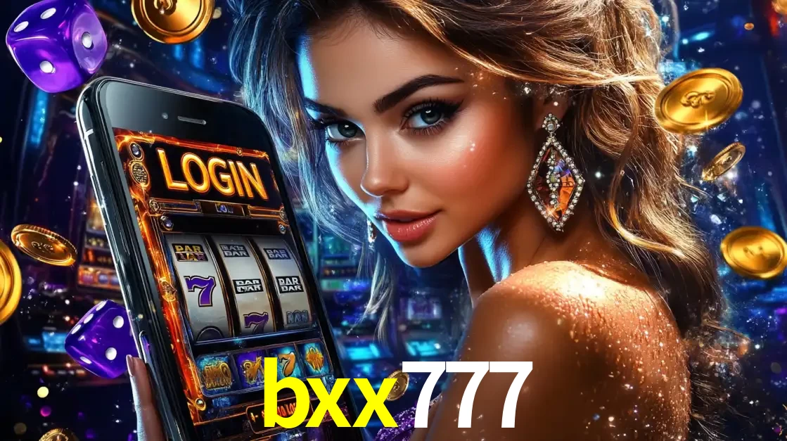 Mulher glamorosa segurando um smartphone com a tela de login para os jogos de caça-níqueis do cassino online bxx777, com moedas de ouro e dados ao redor.